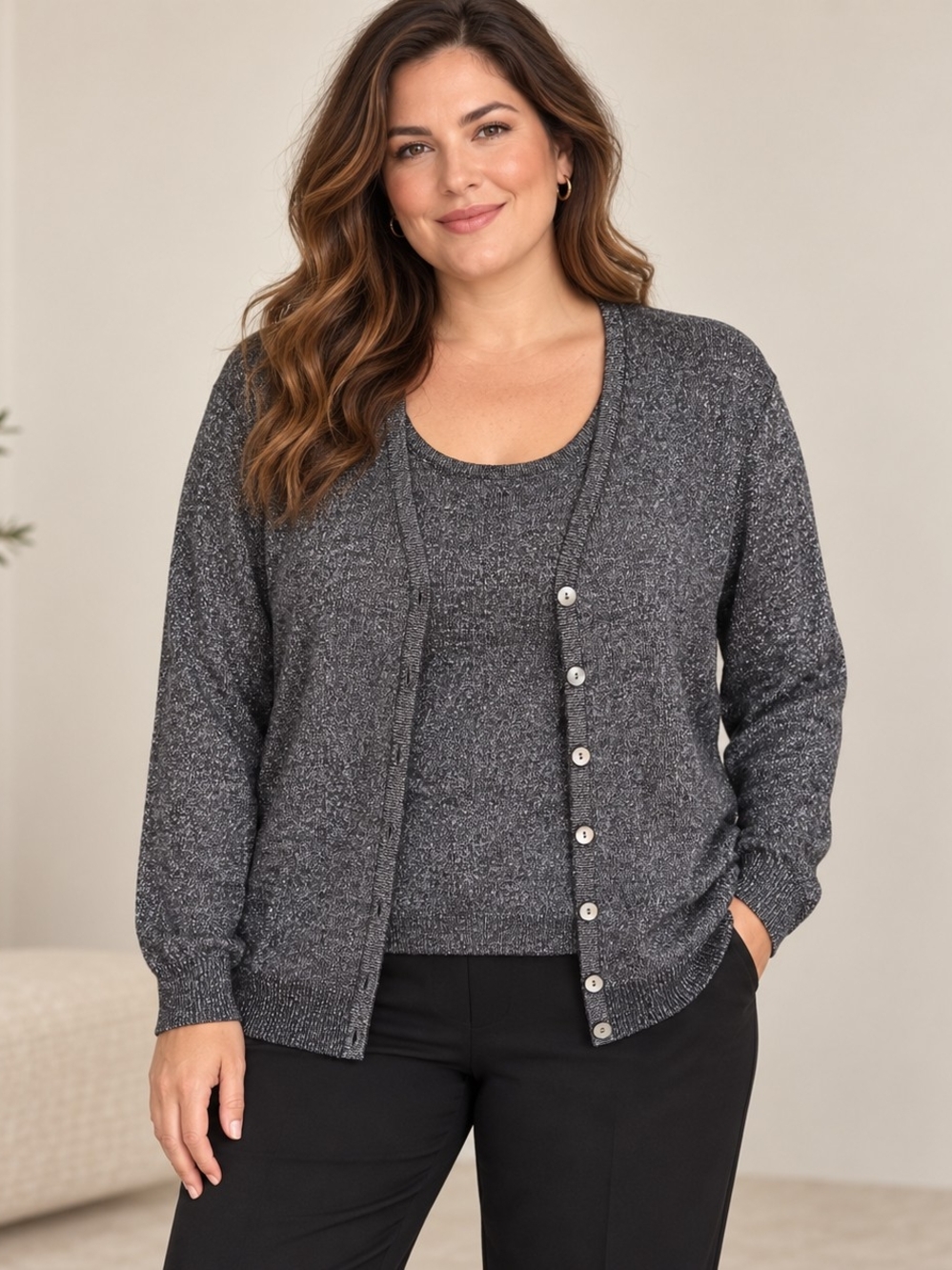 1X- Karen Scott II- Metallic Silver Sweater with built-in Tank